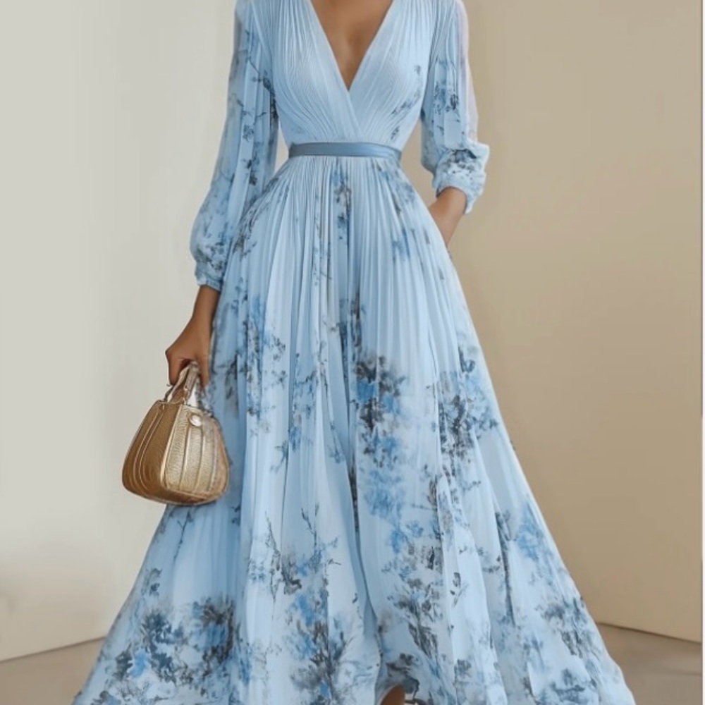 Elegant Blue Floral Long Sleeve Dress